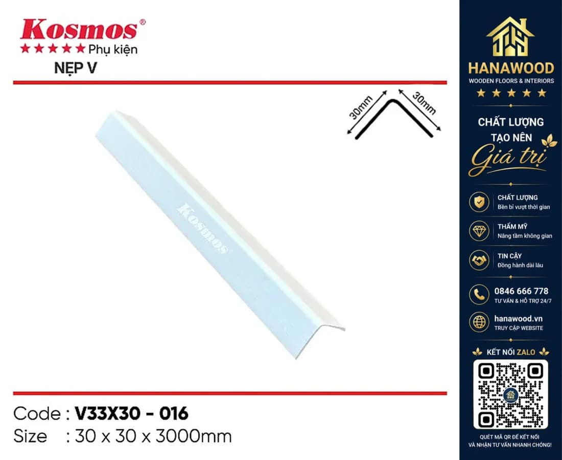 Nẹp góc V nhựa giả gỗ Kosmos Trắng 30 x 30 x 3000 mm
