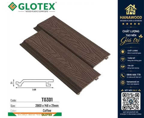 Tấm Ốp Tường Trần Gỗ Nhựa Ngoài Trời Glotex TO3D1 Coffee