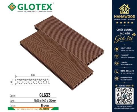 Sàn Sân Vườn Gỗ Nhựa Ngoài Trời Glotex GL633 Brown Lỗ Tròn