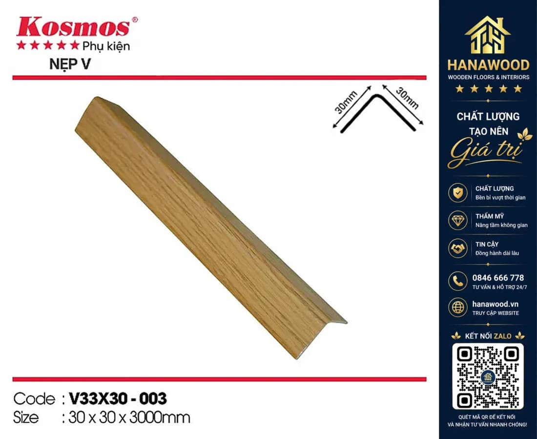 Nẹp góc V nhựa giả gỗ Kosmos Giả Gỗ 30 x 30 x 3000 mm