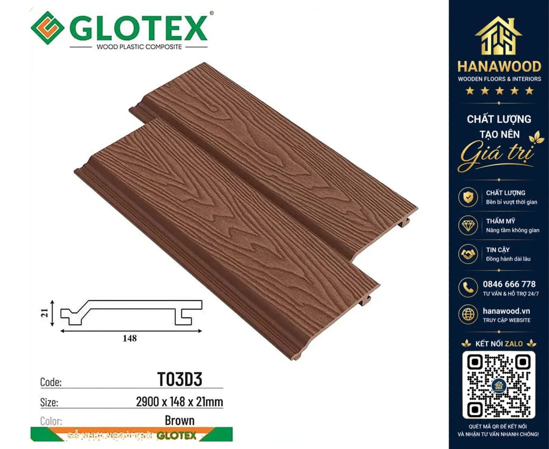Tấm Ốp Tường Gỗ Nhựa Ngoài Trời Glotex TO3D3 Brown