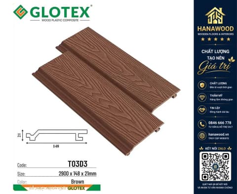 Tấm Ốp Tường Gỗ Nhựa Ngoài Trời Glotex TO3D3 Brown