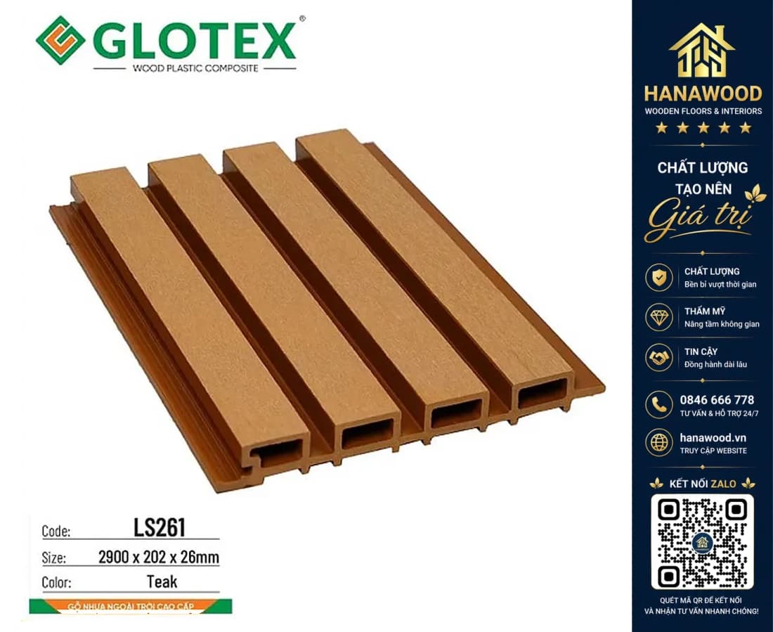 Ốp Tường Lam Sóng Gỗ Nhựa Ngoài Trời Teak LS261 Glotex