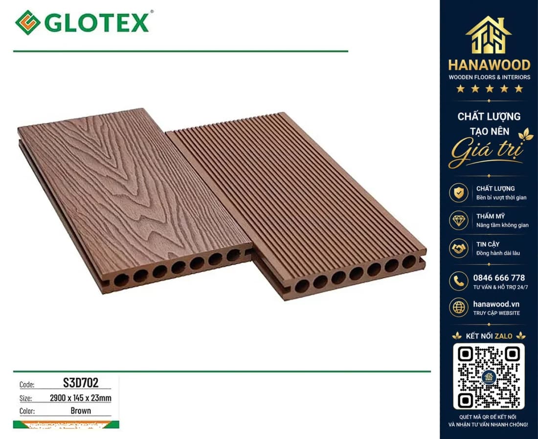 Sàn Sân Vườn Gỗ Nhựa Ngoài Trời Glotex S3D702 Brown