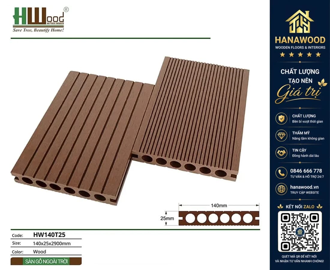 Hình ảnh Sàn Gỗ Nhựa Ngoài Trời Lỗ Tròn Hwood HW140T25 Wood