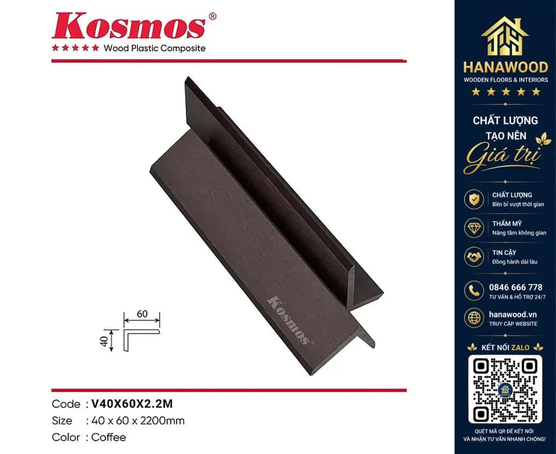 Nẹp góc V WPC Coffee (nâu cà phê) 40 x 60 x 2200mm