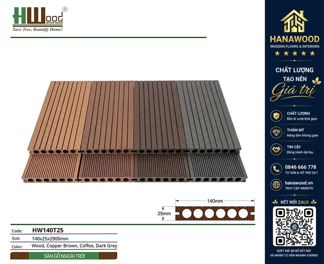 Hình ảnh Sàn Ban Công Gỗ Nhựa Ngoài Trời Lỗ Tròn Hwood HW140T25