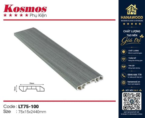 Len chân tường nhựa giả gỗ Kosmos Vân Vải 75 x 15 x 3000 mm
