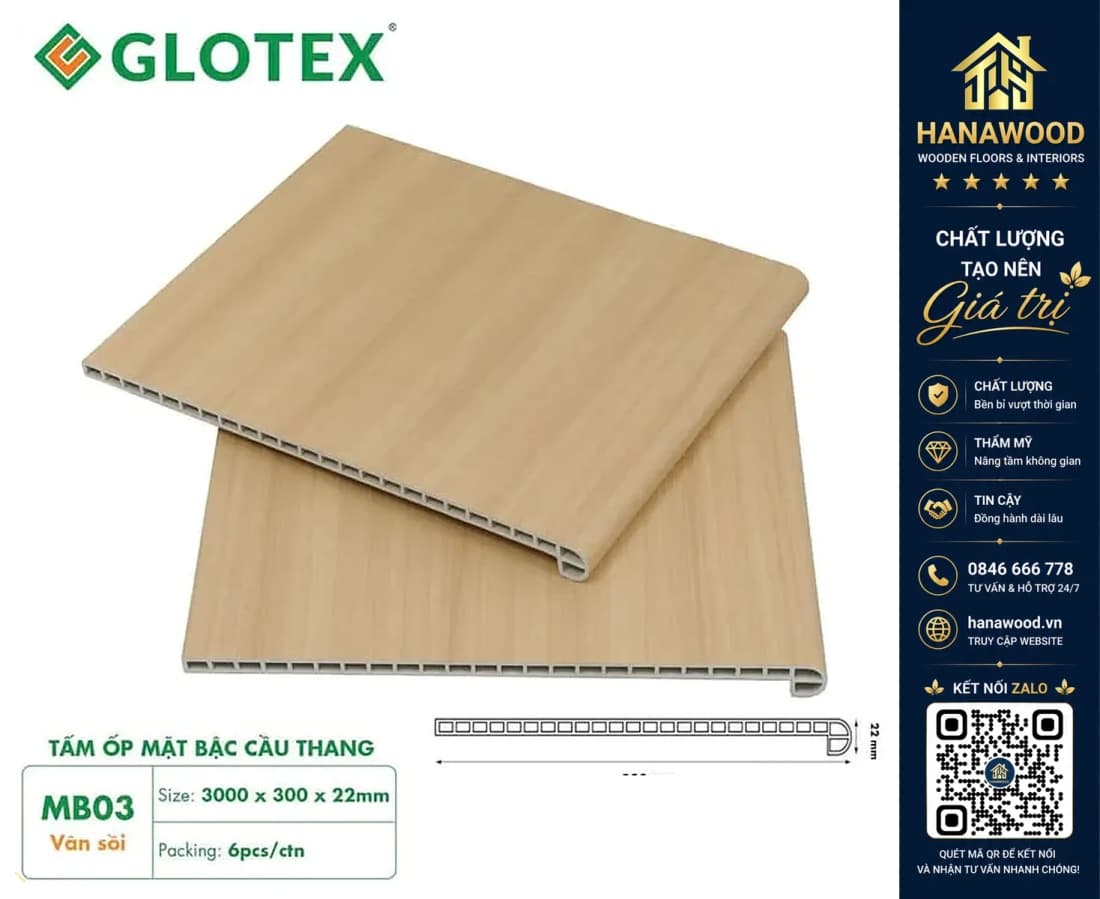 Mặt Bậc Cầu Thang Nhựa PVC Giả Gỗ Glotex MB03