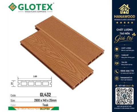 Hình ảnh Sàn Ban Công Gỗ Nhựa Ngoài Trời Glotex GL432 Teak Lỗ Vuông