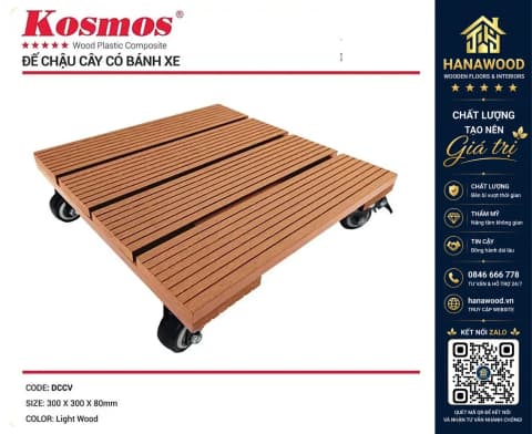 Đế Lót Chậu Cây Có Bánh Xe Gỗ Nhựa Ngoài Trời Kosmos Vuông Light Wood