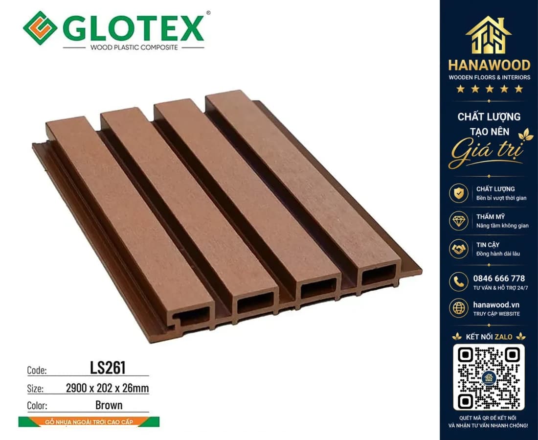 Tấm Ốp Lam Sóng Gỗ Nhựa Ngoài Trời Glotex LS261 Brown