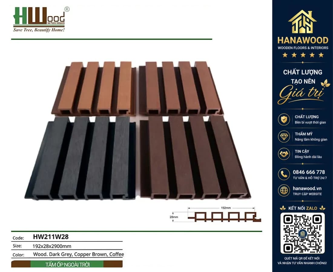 Ốp Tường Lam Sóng Gỗ Nhựa Ngoài Trời Hwood HW211W28