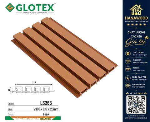 Tấm Lam Sóng Gỗ Nhựa Ngoài Trời Glotex LS265 Teak