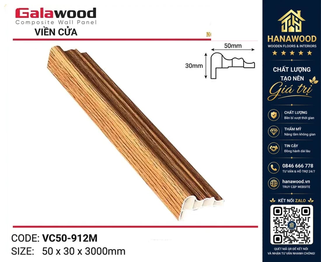 Phào Viền Cửa Trang Trí nhựa giả gỗ Galawood mã CL60-912M 60 x 18 x 3000 mm