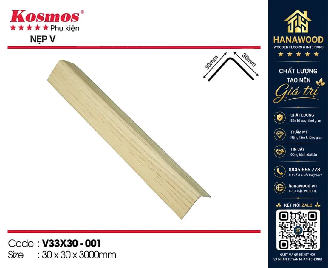 Nẹp góc V nhựa giả gỗ Kosmos Giả Gỗ 30 x 30 x 3000 mm