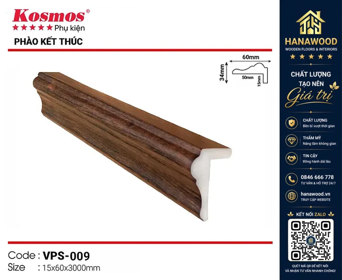 Phào kết thúc trang trí nhựa giả gỗ Kosmos mã VPS-009 (Lam Sóng Nano) 15 x 60 x 3000mm