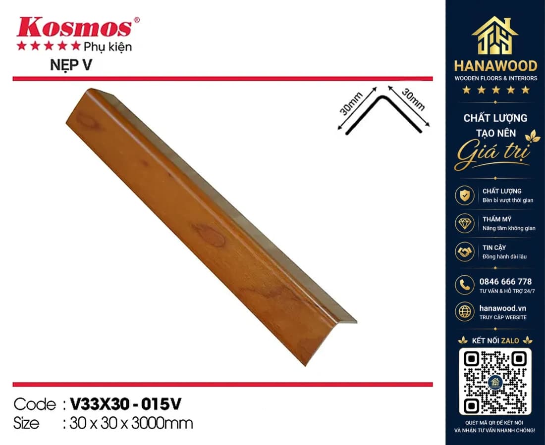 Nẹp góc V nhựa giả gỗ Kosmos Giả Gỗ 30 x 30 x 3000 mm