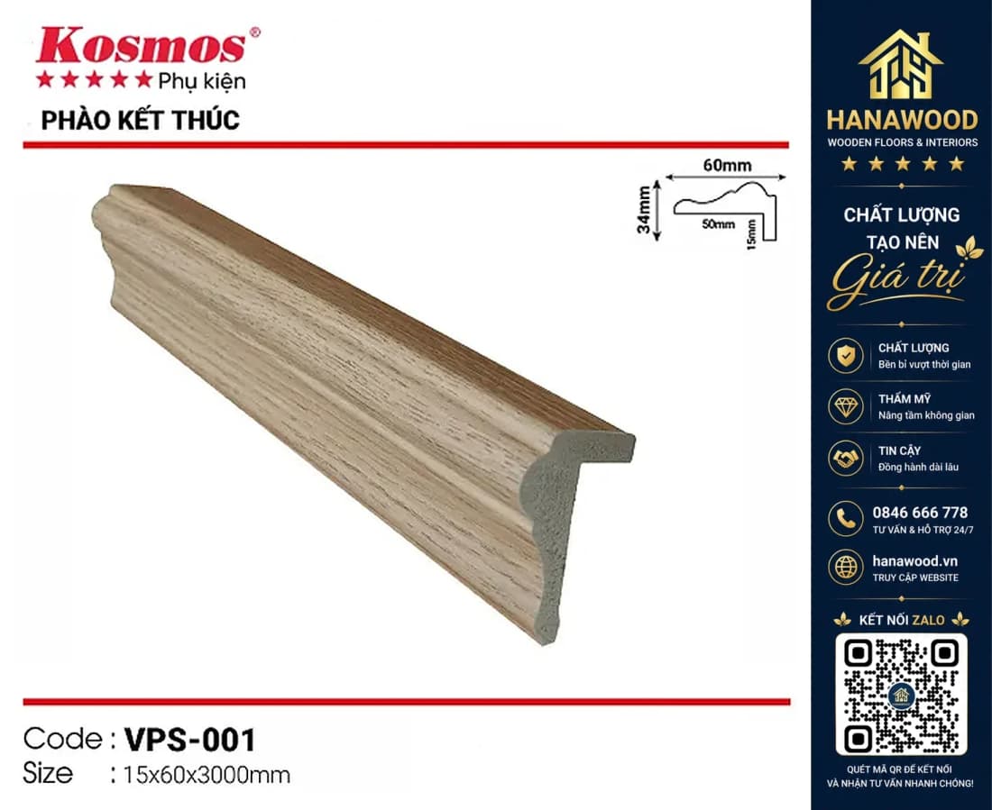 Phào kết thúc trang trí nhựa giả gỗ Kosmos mã VPS-001 (Lam Sóng Nano) 15 x 60 x 3000mm