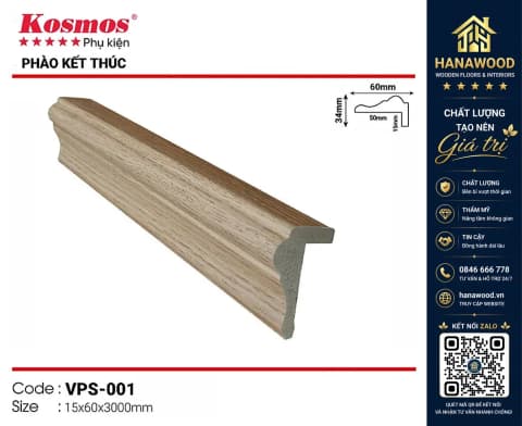 Phào kết thúc trang trí nhựa giả gỗ Kosmos mã VPS-001 (Lam Sóng Nano) 15 x 60 x 3000mm