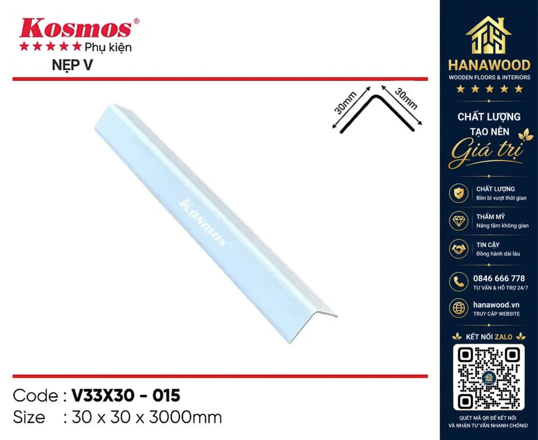Nẹp góc V nhựa giả gỗ Kosmos Trắng 30 x 30 x 3000 mm