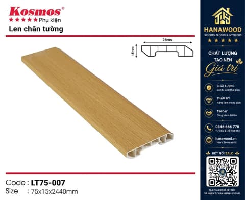 Len chân tường nhựa giả gỗ Kosmos mã LT75-007 15 x 75 x 2440 mm