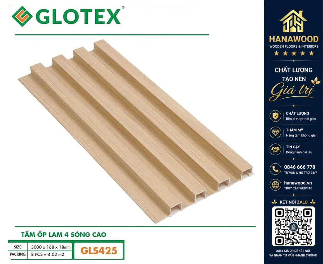 Hình ảnh Tấm Nhựa Ốp Trần Lam Sóng Cao Giả Gỗ Glotex GLS425