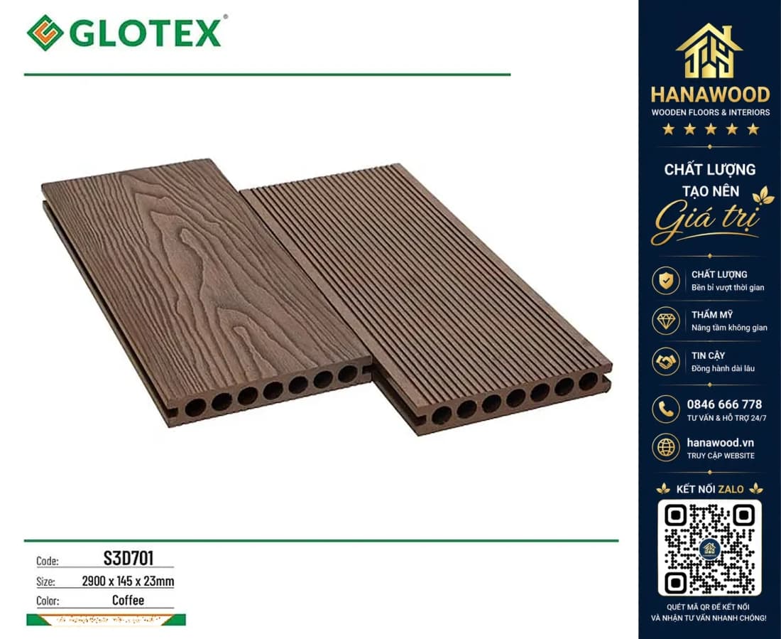 Sàn Ban Công Gỗ Nhựa Ngoài Trời Glotex S3D701 Coffee