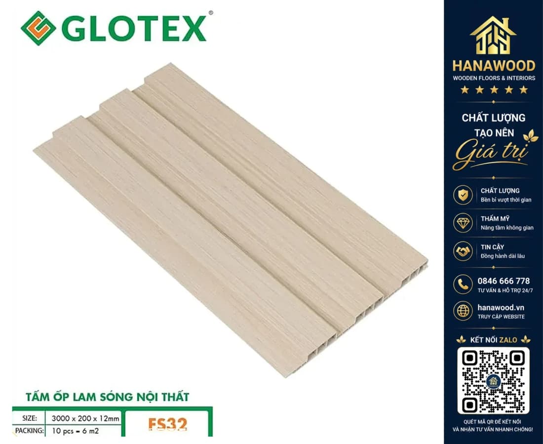 Tấm Nhựa Lam 3 Sóng Giả Vân Gỗ Ốp Tường Glotex FS32