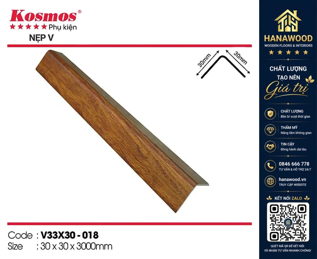 Nẹp góc V nhựa giả gỗ Kosmos Trắng 30 x 30 x 3000 mm
