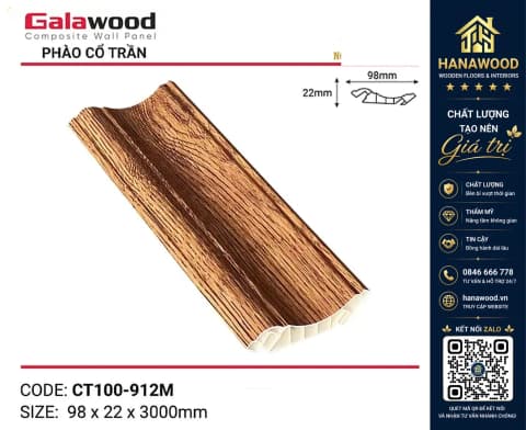 Phào Cổ Trần nhựa giả gỗ Galawood mã CT100-912M 98 x 22 x 3000 mm