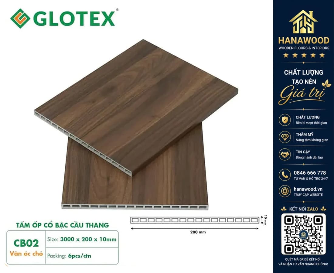 Cổ Bậc Cầu Thang Nhựa PVC Vân Gỗ Glotex CB02