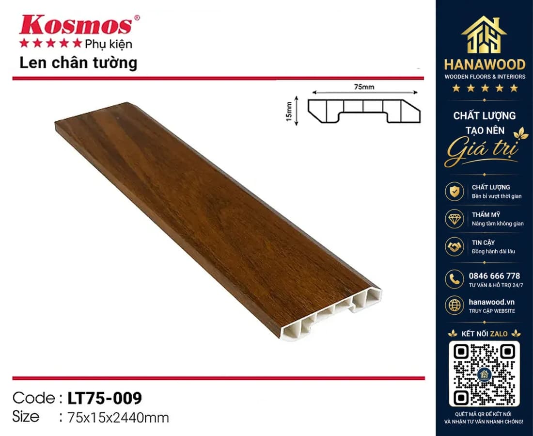 Len chân tường nhựa giả gỗ Kosmos mã LT75-009 15 x 75 x 2440 mm