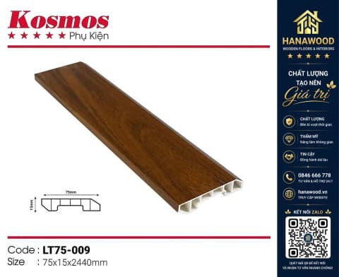 Len chân tường nhựa giả gỗ Kosmos Giả Gỗ 75 x 15 x 3000 mm