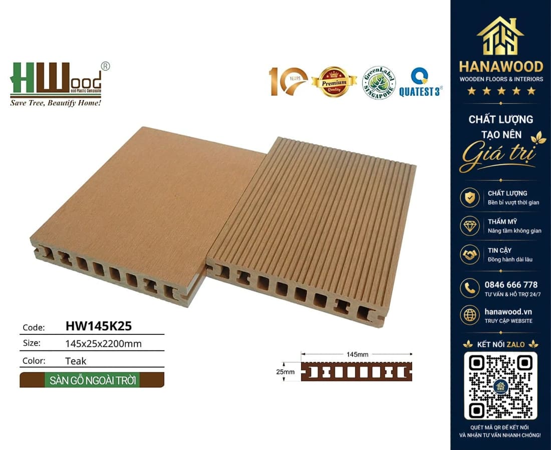 Sàn Gỗ Nhựa Ngoài Trời Hwood HW145K25 Teak