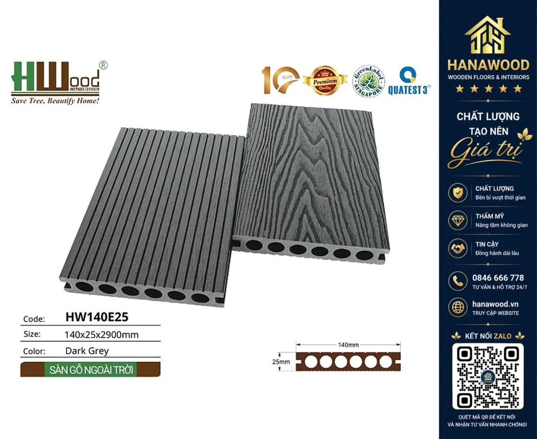 Hình ảnh Sàn Sân Vườn Gỗ Nhựa Ngoài Trời Lỗ Tròn Hwood HW140E25 Dark Grey