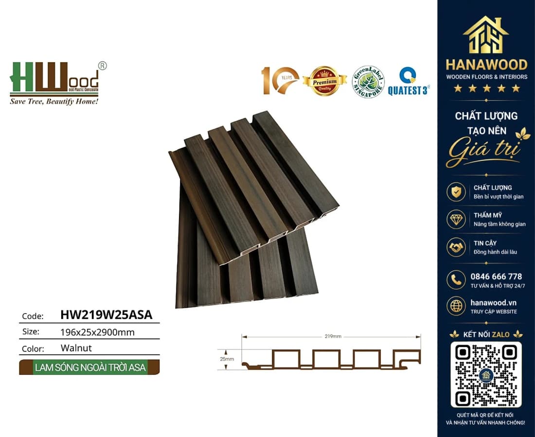 Tấm Ốp Lam 4 Sóng Gỗ Nhựa Phủ ASA Hwood HW219W25ASA Walnut