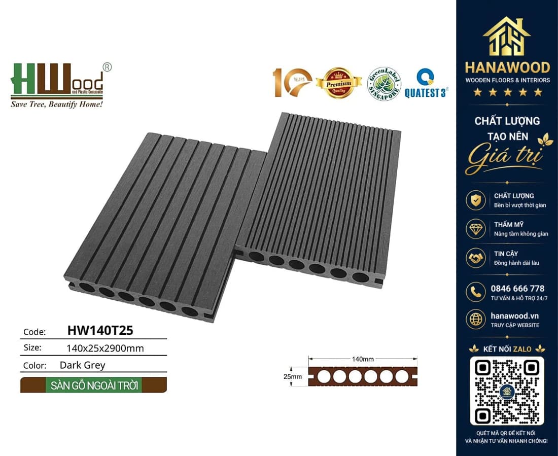 Hình ảnh Sàn Hồ Bơi Gỗ Nhựa Ngoài Trời Lỗ Tròn Hwood HW140T25-Dark Grey