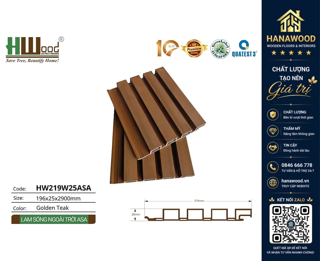 Tấm Ốp Trần Lam Sóng Ngoài Trời ASA Hwood HW219W25ASA Golden Teak