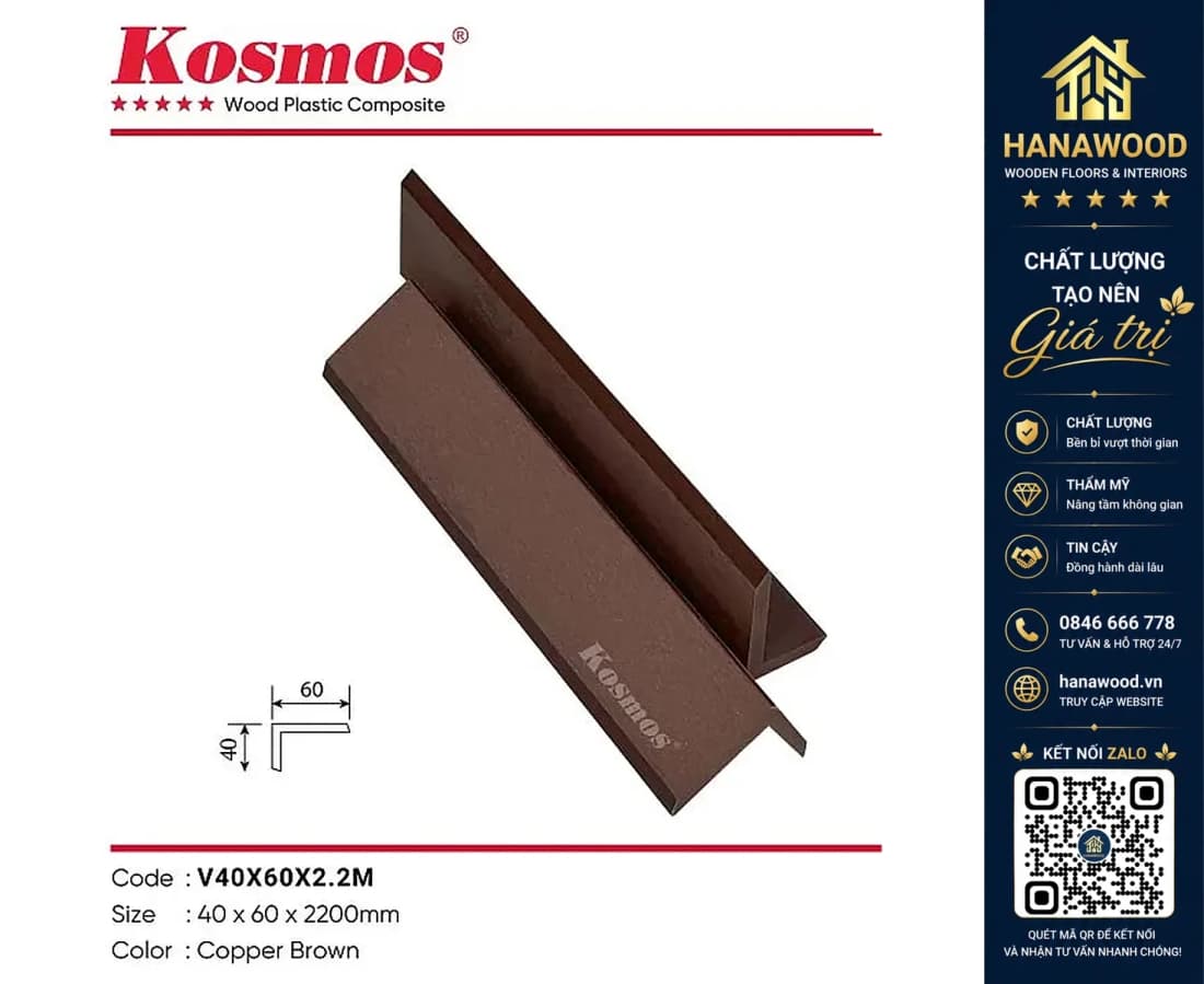 Nẹp góc V WPC Copper Brown (nâu đồng) 40 x 60 x 2200mm