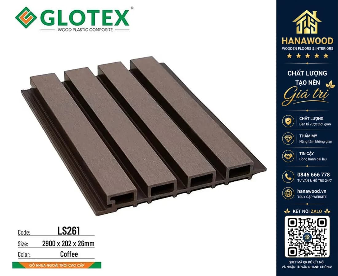 Ốp Trần Lam Sóng Gỗ Nhựa Ngoài Trời Glotex Coffee LS261