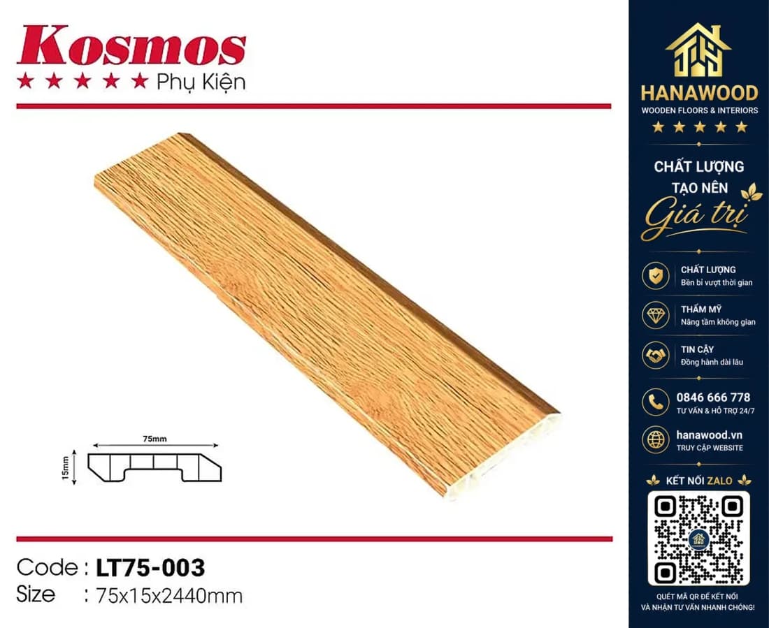 Len chân tường nhựa giả gỗ Kosmos Vân Gỗ 75 x 15 x 3000 mm