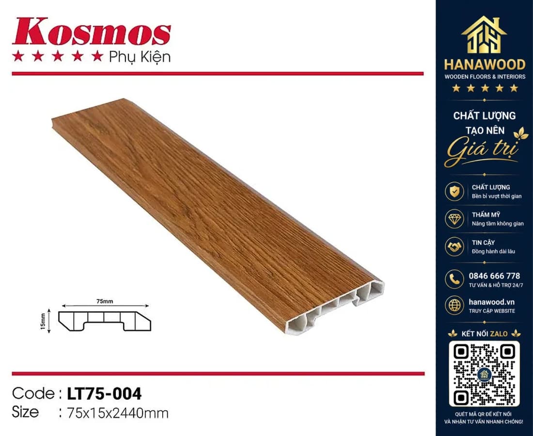 Len chân tường nhựa giả gỗ Kosmos Giả Gỗ 75 x 15 x 3000 mm