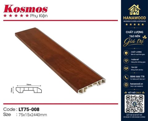 Len chân tường nhựa giả gỗ Kosmos Vân Gỗ 75 x 15 x 3000 mm