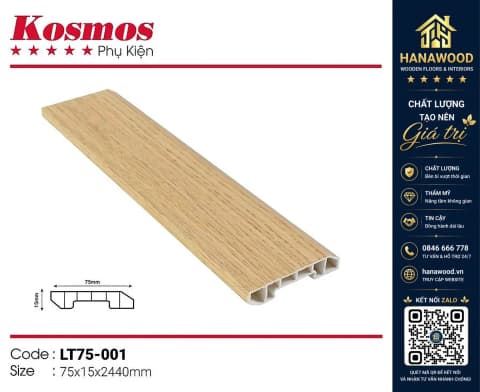 Len chân tường nhựa giả gỗ Kosmos Vân Gỗ 75 x 15 x 3000 mm