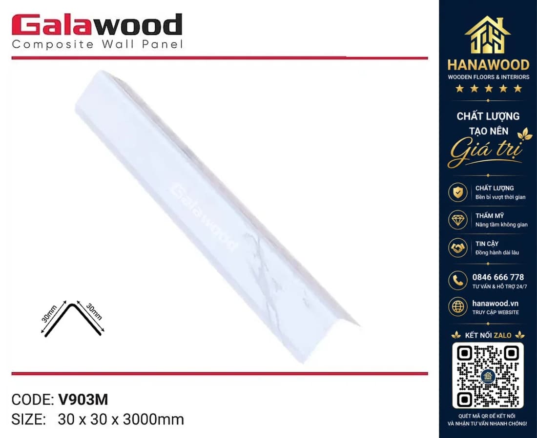 Nẹp Góc V nhựa giả gỗ Galawood Trắng Vân Đá 25 x 25 x 3000mm