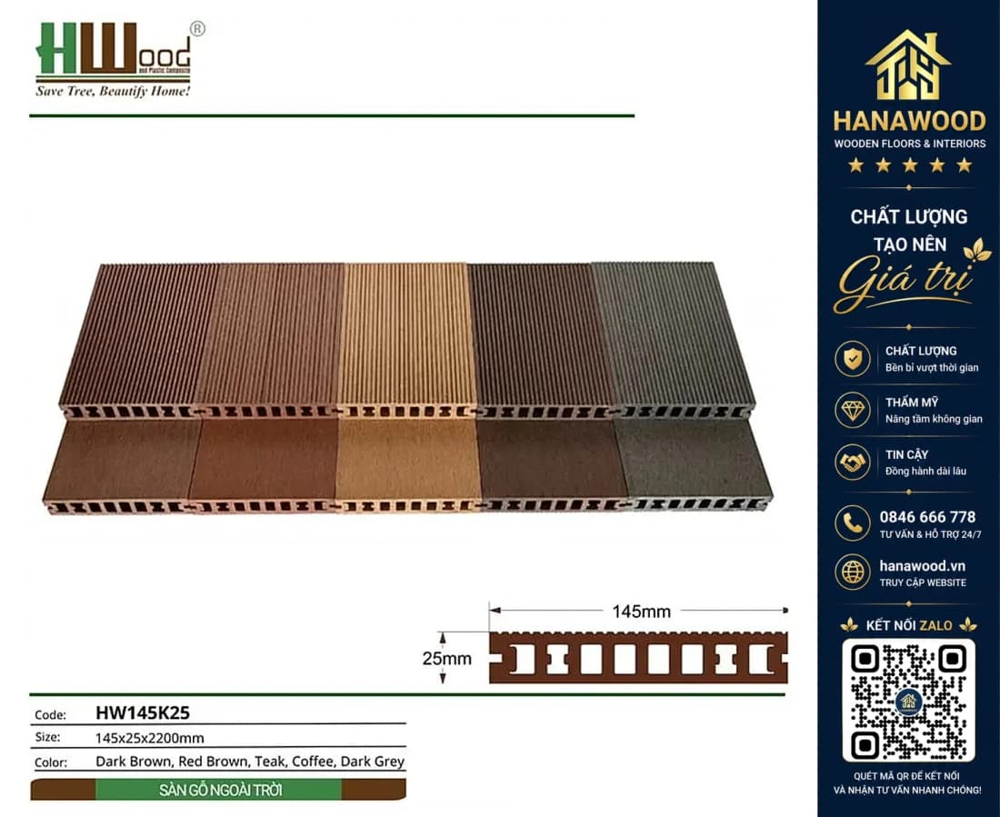Sàn Sân Vườn Gỗ Nhựa Ngoài Trời Hwood HW145K25