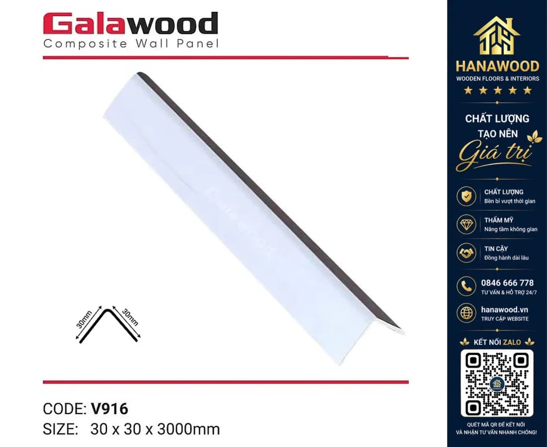 Nẹp Góc V nhựa giả gỗ Galawood Trắng 25 x 25 x 3000mm