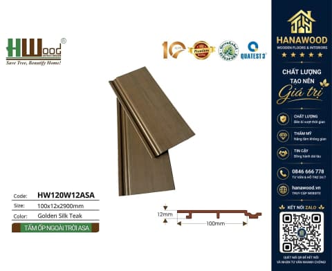 Tấm Ốp Tường Ngoài Trời Phủ ASA Hwood HW120W12ASA Golden Silk Teak