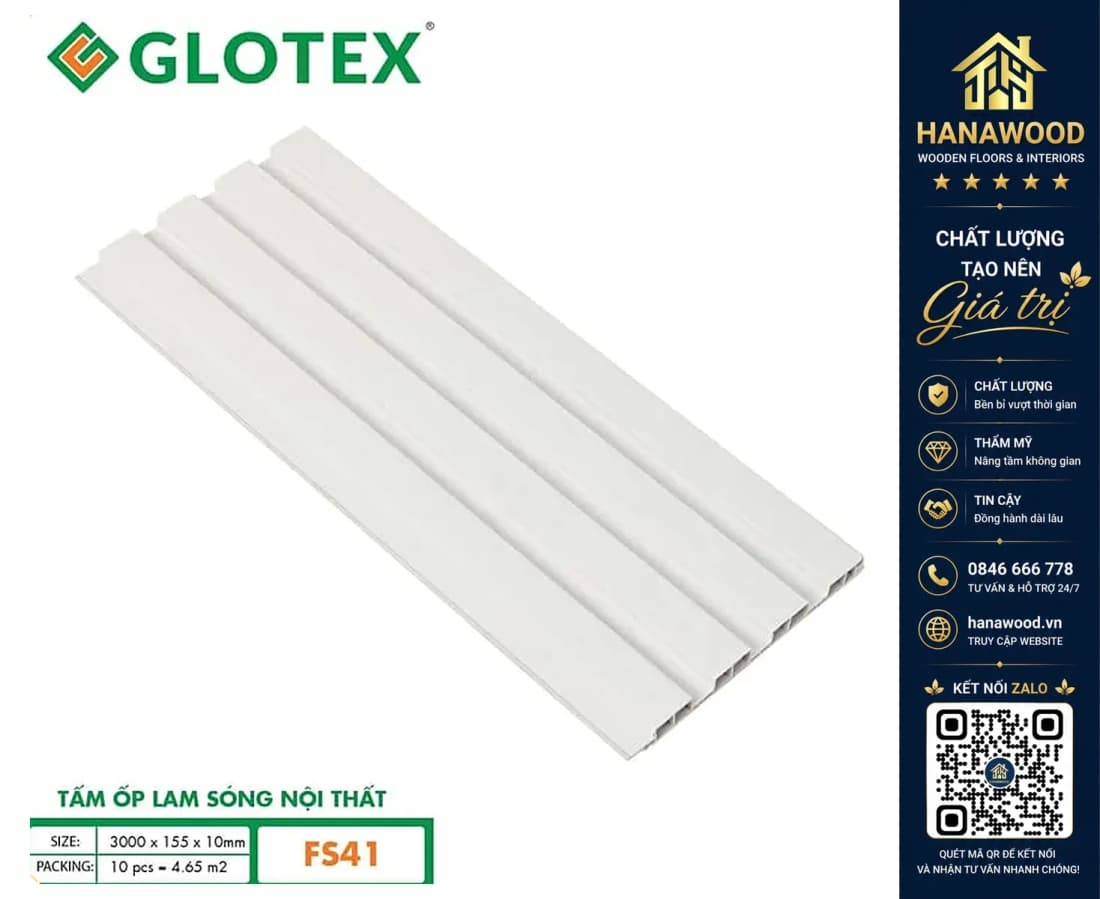 Hình ảnh Tấm Ốp Lam 4 Sóng Nhựa Trắng Vân Gỗ Glotex FS41